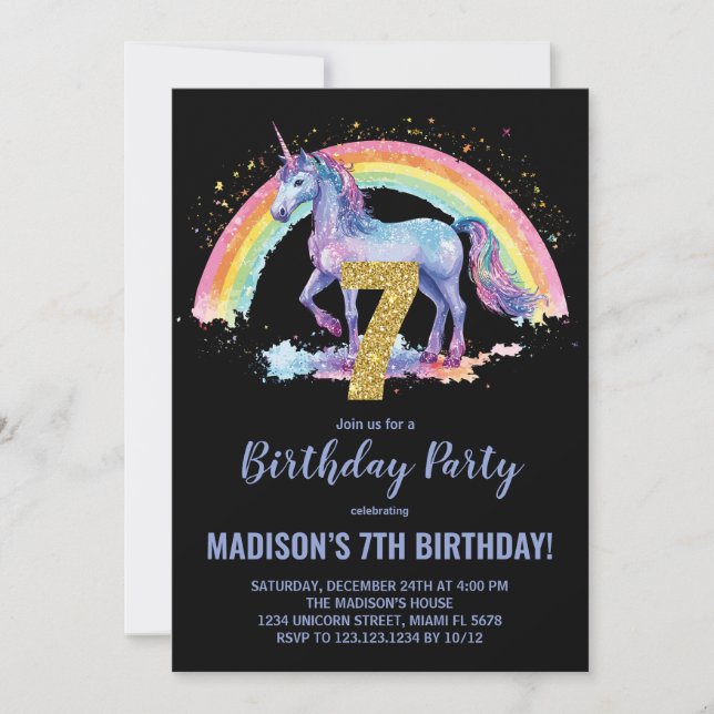 7:e Rainbow Unicorn Birthday-inbjudningar Inbjudningar (Framsida)