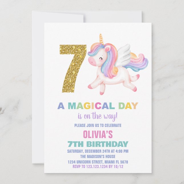 7:e Rainbow Unicorn Birthday-inbjudningar Inbjudningar (Framsida)