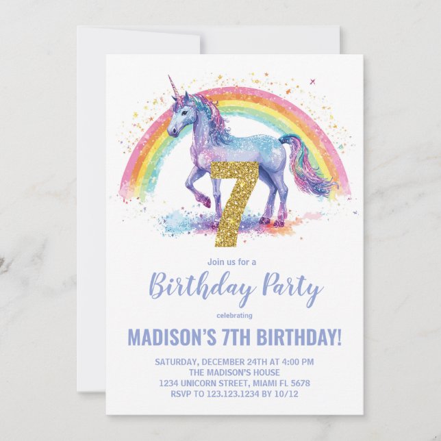 7:e Rainbow Unicorn Birthday-inbjudningar Inbjudningar (Framsida)