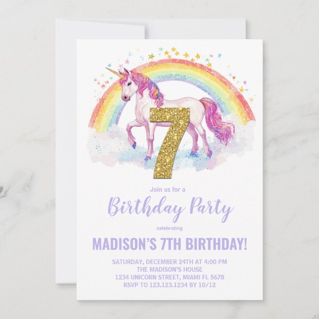 7:e Rainbow Unicorn Birthday-inbjudningar Inbjudningar (Framsida)