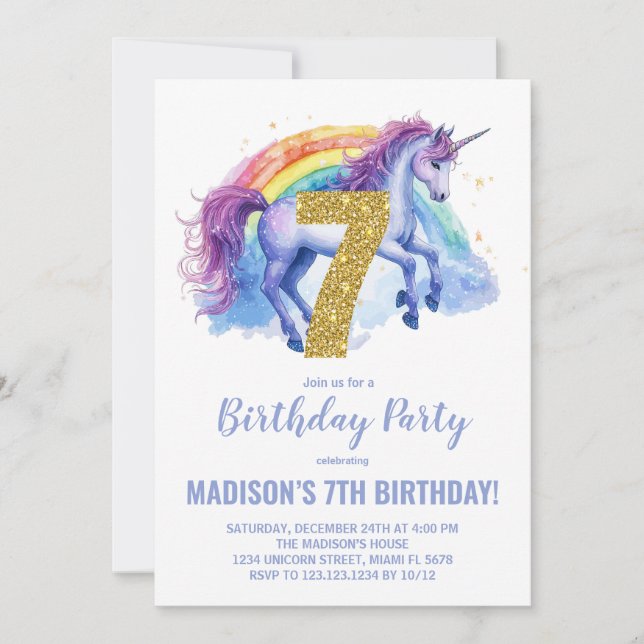 7:e Rainbow Unicorn Birthday-inbjudningar Inbjudningar (Framsida)