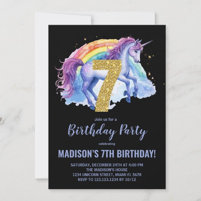 7:e Rainbow Unicorn Birthday-inbjudningar Inbjudningar (Framsida)
