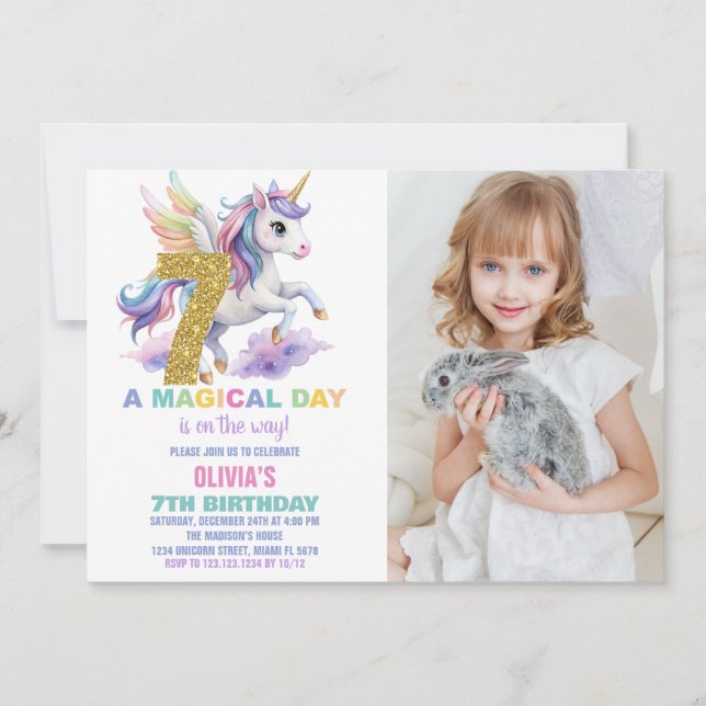 7:e Rainbow Unicorn Birthday-inbjudningar med foto Inbjudningar (Framsida)