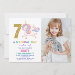 7:e Rainbow Unicorn Birthday-inbjudningar med foto Inbjudningar