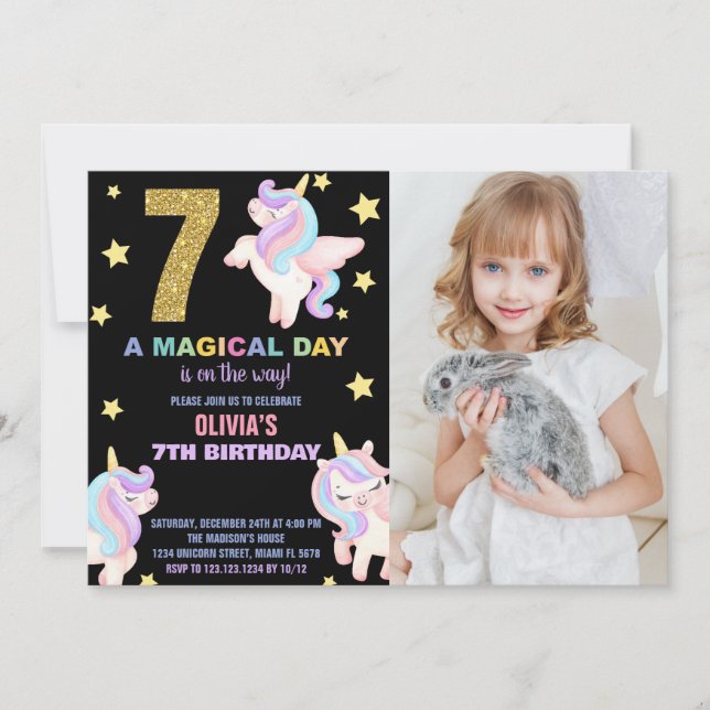 7:e Rainbow Unicorn Birthday-inbjudningar med foto Inbjudningar (Framsida)