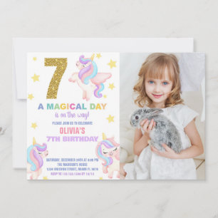 7:e Rainbow Unicorn Birthday-inbjudningar med foto Inbjudningar