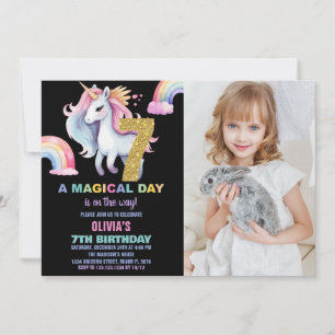 7:e Rainbow Unicorn Birthday-inbjudningar med foto Inbjudningar