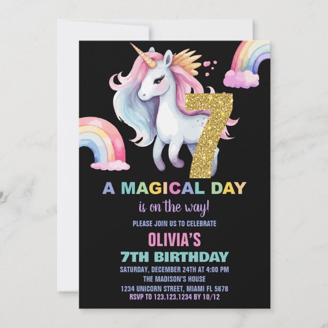 7:e Rainbow Unicorn Birthday Inbjuds vattencolo Inbjudningar (Framsida)