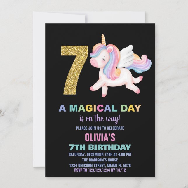 7:e Rainbow Unicorn Birthday InvestigBlack Inbjudningar (Framsida)
