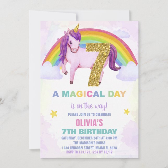 7:e Rainbow Unicorn Birthday Invoud Inbjudningar (Framsida)