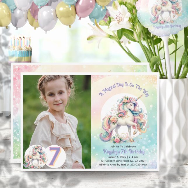 7:e sjunde Unicorn Pastel Rainbow Birthday Inbjudningar (7th Seventh Unicorn Pastel Rainbow Birthday Invitation)