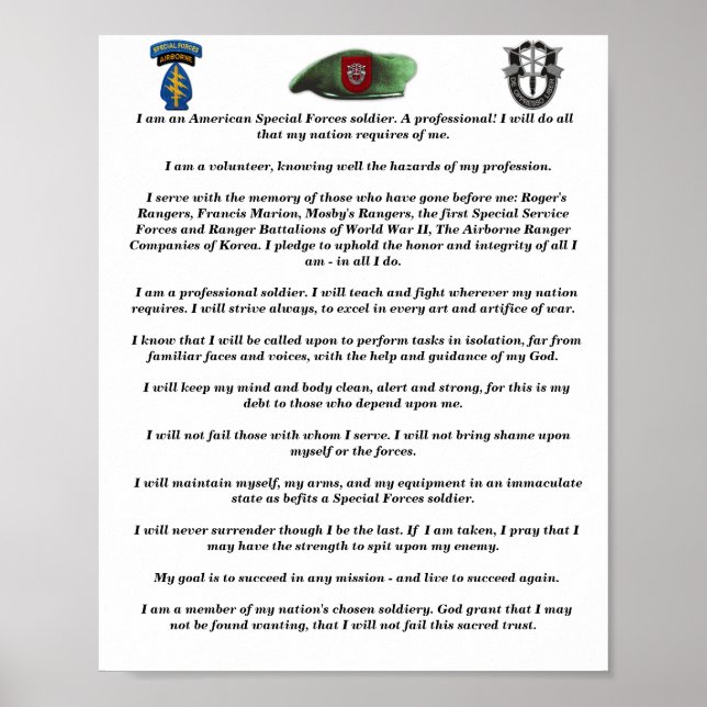 7:e Speciell Forces SFGA Grönt Berets Creed Poster (Framsidan)