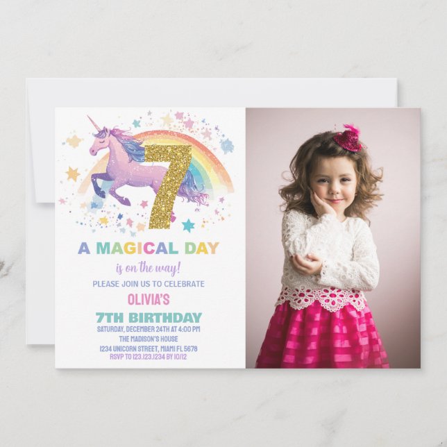 7:e Unicorn Birthday-inbjudningar med foto Inbjudningar (Framsida)