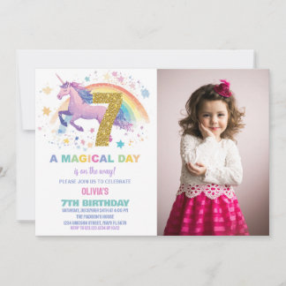 7:e Unicorn Birthday-inbjudningar med foto Inbjudningar