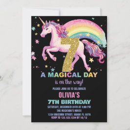 7:e Unicorn Birthday-inbjudningar, svart Inbjudningar