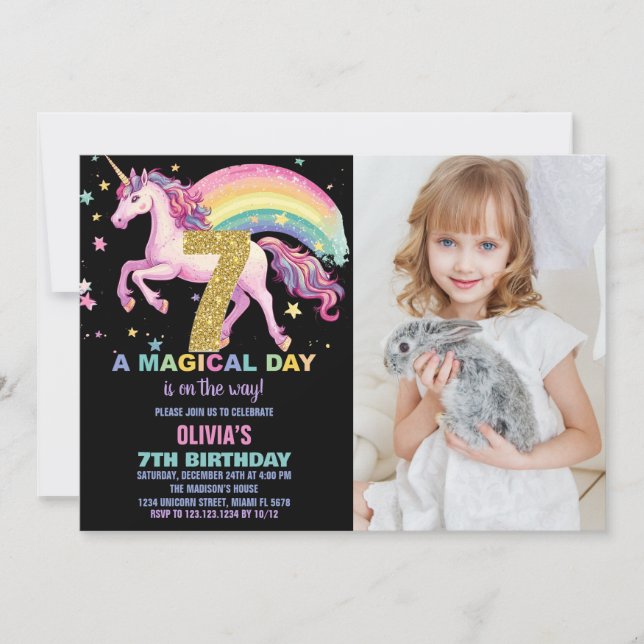 7:e Unicorn Birthday-inbjudningar, svart med foto Inbjudningar (Framsida)