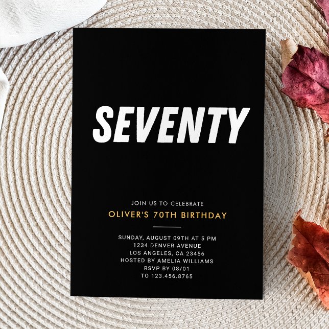 7 | Enkel svart & Guld 70:e Födelsedagsfesten Inbjudningar (Seventy | Simple Black & Gold 70th Birthday Party Invitation
)