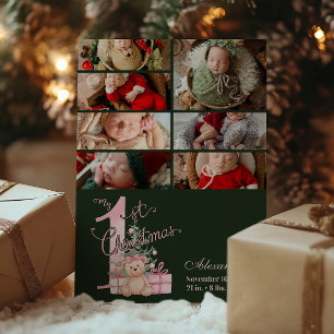 7 Foto Rosa Grönt Baby Första jul Julkort