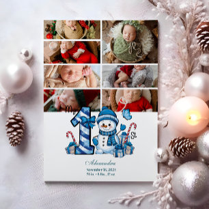 7 Fotoblått Snögubbe - första jul Julkort