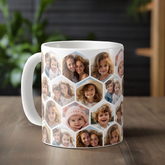 7 Fotokollage - funky hexagon mönster Kaffemugg (Personalized mug template with a funky 7 photo collage in a honeycomb pattern)