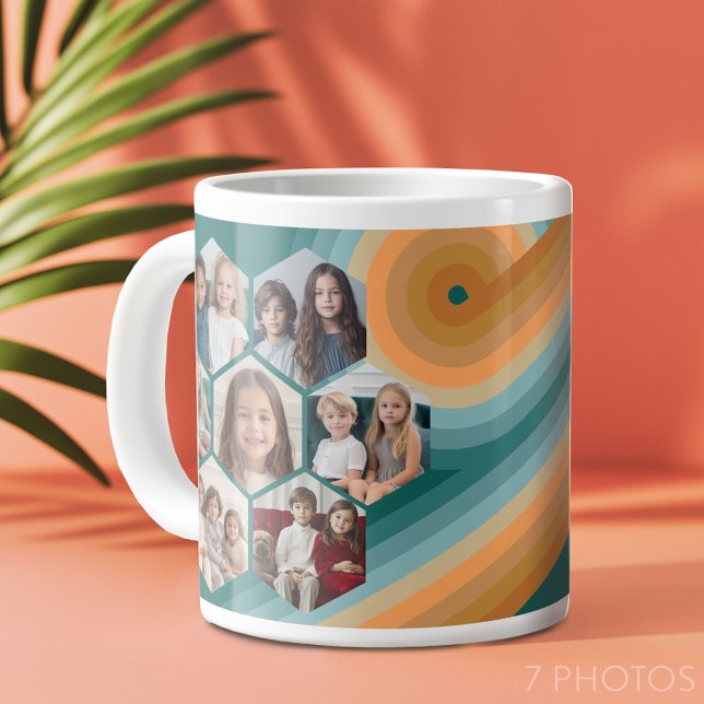 7 Fotokollage funky hexagon mönster solnedgång fär Jumbo Mugg (7 photo personalized coffee mug - retro stripes)
