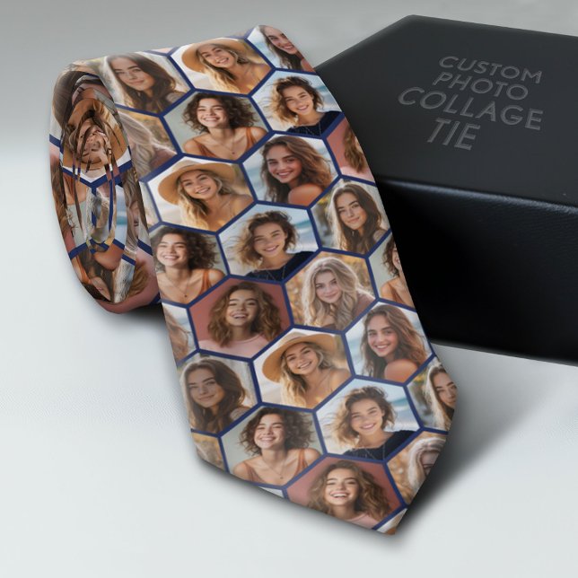 7 Fotokollage - funky honeycomb mönster - blått Slips (Custom Tie with a Photo Collage)