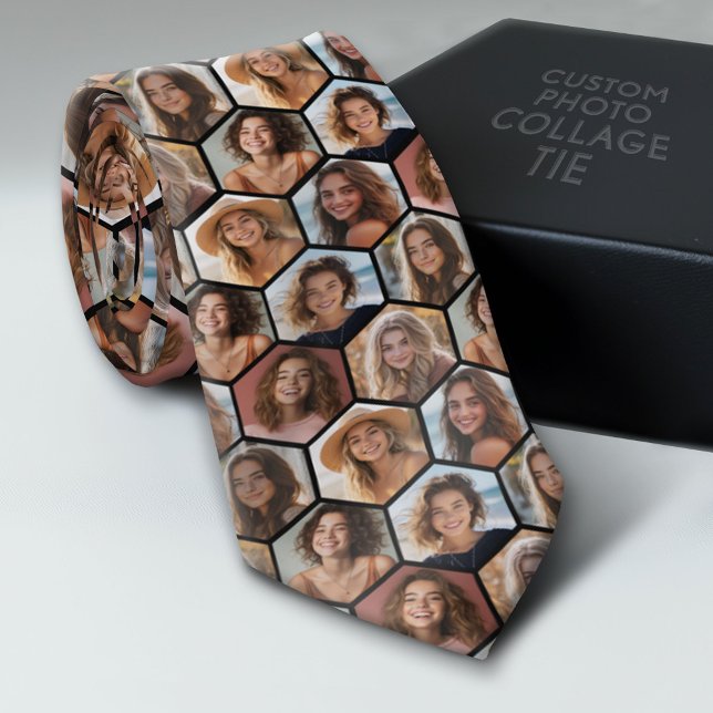 7 Fotokollage - funky honeycomb mönster - svart Slips (Custom Tie with a Photo Collage)