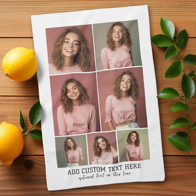 7 Fotokollage - Modern minimal svart och vit Kökshandduk (Custom Kitchen Towel with Photo Collage)