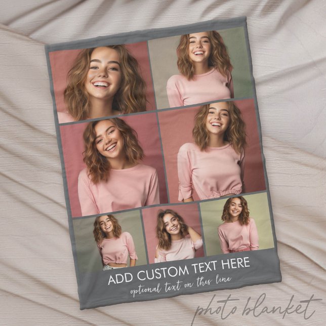 7 Fotokollage - Modern Minimalistisk Kolgrå Vitt Fleecefilt (Custom Photo Blanket - Makes a Great Gift)