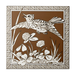 #7 i 12 Repro 1880s Minton Mocha Bird Series Kakelplatta