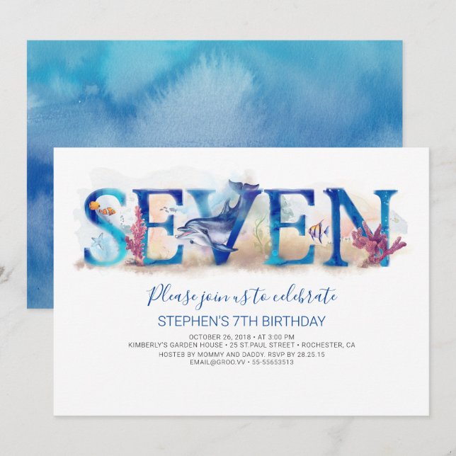 7 Inbjudan på födelsedagen - djupblått under sjöli (Fram/baksida)