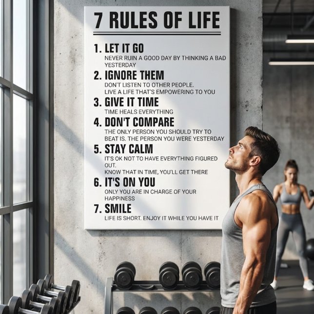 7 Livets Regler Motiverande Citat Modernt Skript Canvastryck (7 Rules of Life Motivational Quote Modern Black & White Inspirational Wall Art | Gym Motivation)