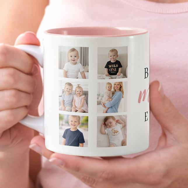 7 Photo Collage Best Mom Ever Cute Pink Hearts Två-Tonad Mugg (Skapare uppladdad)