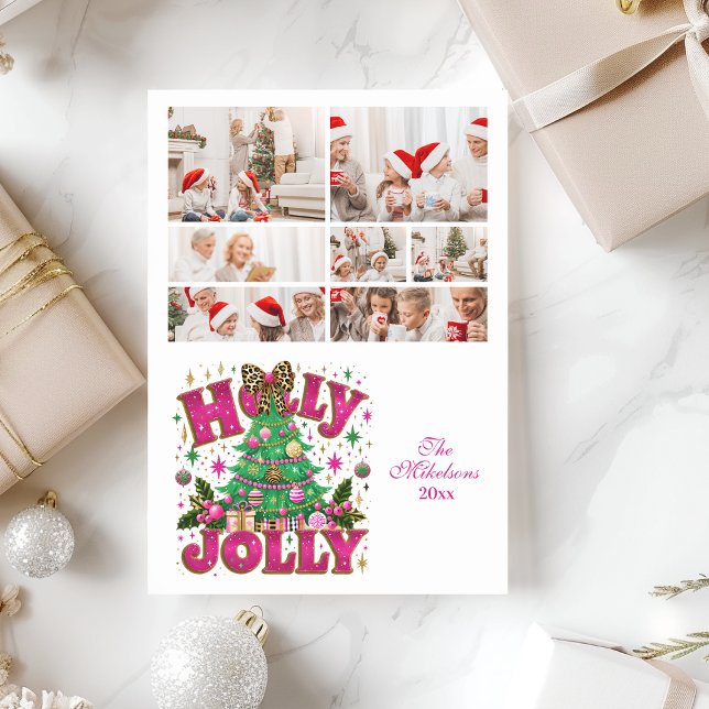 7 Photo Glitter Leopard Bow Holly Jolly Julkort (Skapare uppladdad)