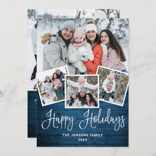 7 PHOTO-jul Rustic Blue Wood Hälsning Julkort (Fram/baksida)