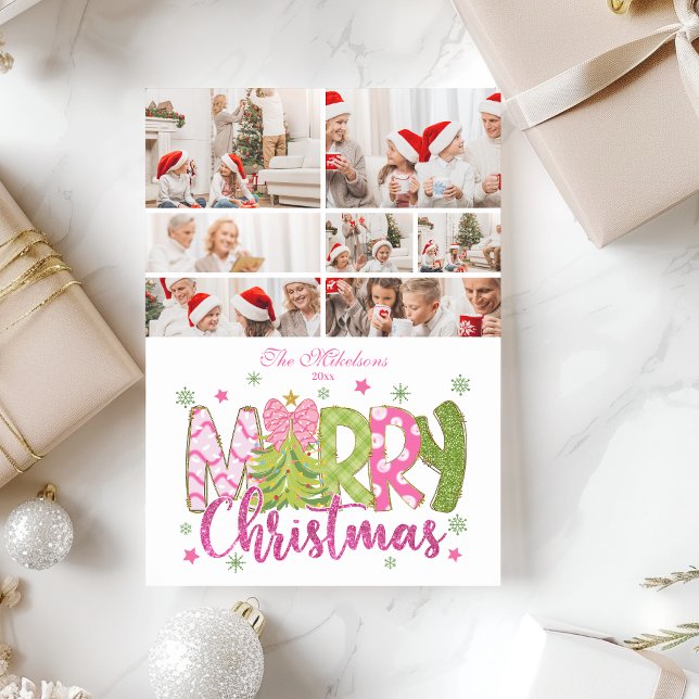 7 Photo Pink Green Bow Tree Merry Christmas Julkort (Skapare uppladdad)