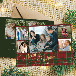 7 photos Merry Christmas script red green plaid Julkort