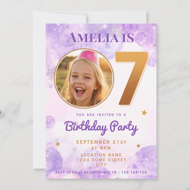 7 Purple Gold Star Bubbles Birthday Invitation Inbjudningar (Framsida)