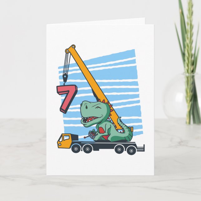 7 years 7th Birthday Mobile Crane Dinosaur Kort (Framsida)
