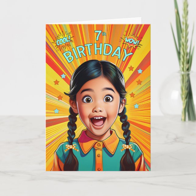 7th Birthday Asian American Girl Pop Art Style Kort (Framsida)