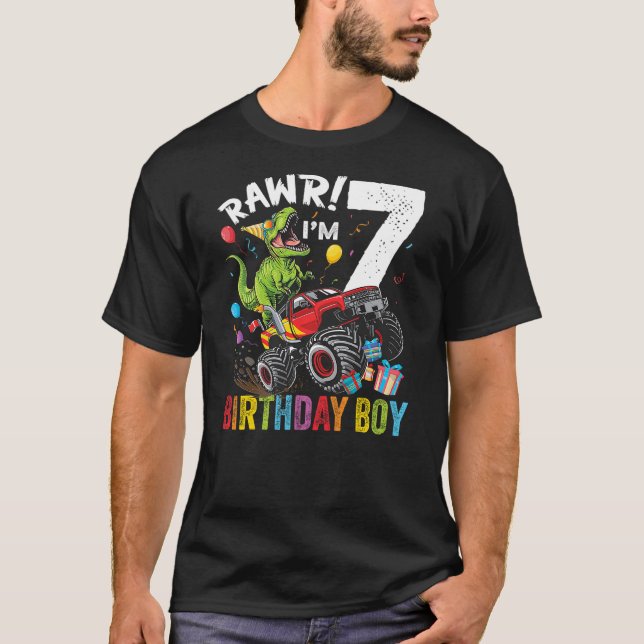 7th Birthday Boy Dinosaur Monster Truck T Shirt (Framsida)