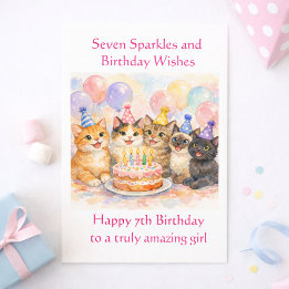 7th Birthday Card for Girls Festive Cat Party  Kort
