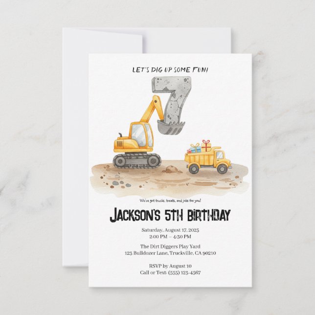 7th Birthday Construction Boy Birthday Invitation Inbjudningar (Framsida)