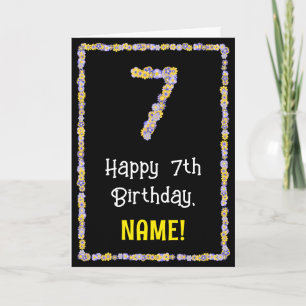 7th Birthday: Floral Flowers Number, Custom Name Kort