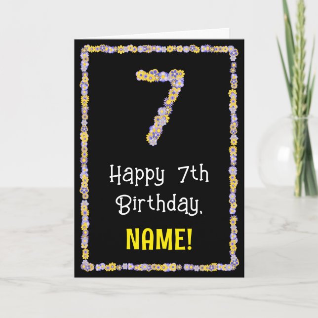 7th Birthday: Floral Flowers Number, Custom Name Kort (Framsida)