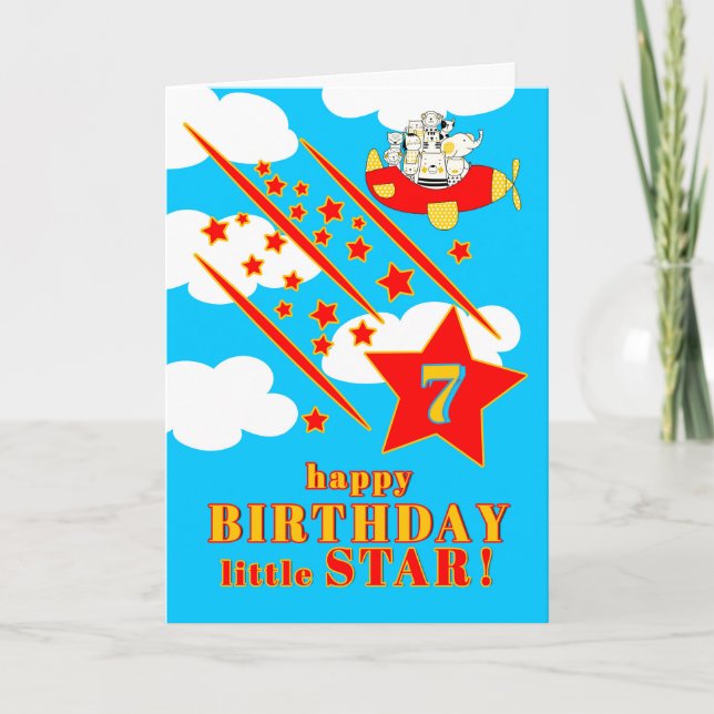 7th Birthday Little Star Cute Animals in a Plane Kort (Framsida)