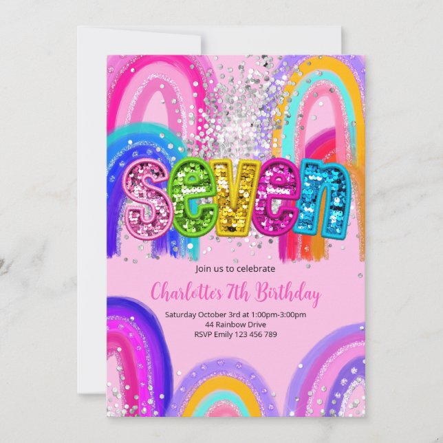 7th Birthday Sequin Rainbow Party Invitation Inbjudningar (Framsida)