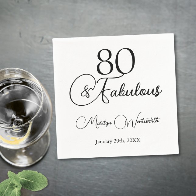80 and Fabulous 80th Birthday Black Script  Pappersservett (Skapare uppladdad)