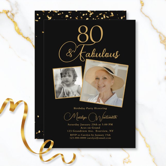 80 and Fabulous 80th Birthday Gold Script 2 Photo Inbjudningar (Skapare uppladdad)