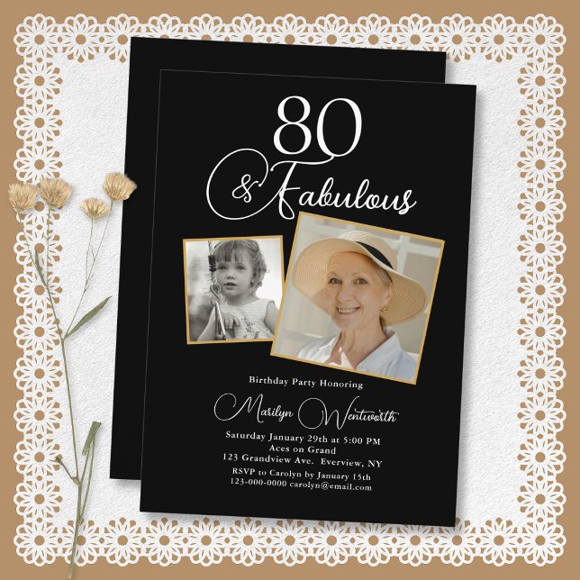 80 and Fabulous 80th Birthday White Script 2 Photo Inbjudningar (Skapare uppladdad)